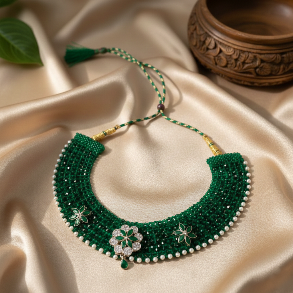 Traditional Green & Silver Three Flower Choker Necklace for Women