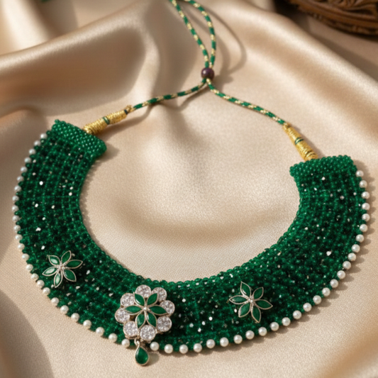 Traditional Green & Silver Three Flower Choker Necklace for Women