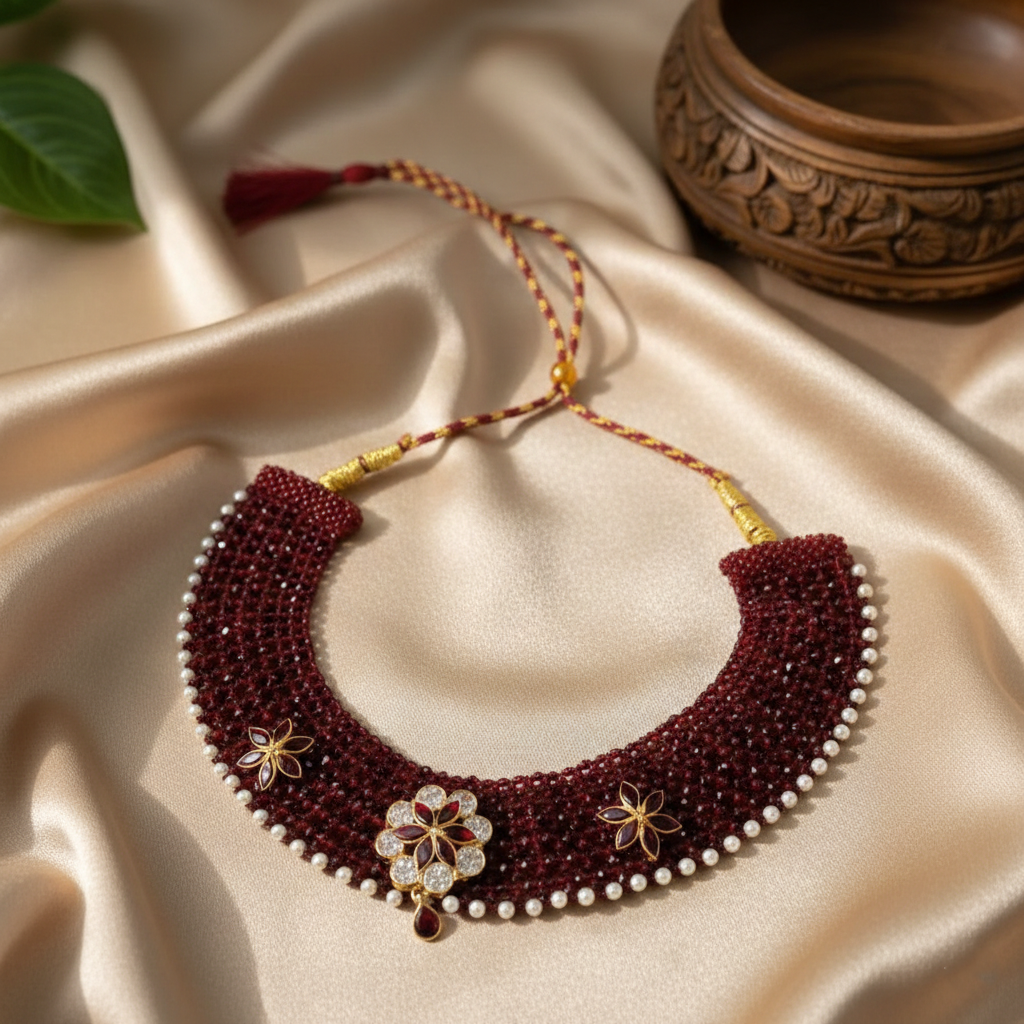 Traditional Maroon & Silver Three Flower Choker Necklace for Women