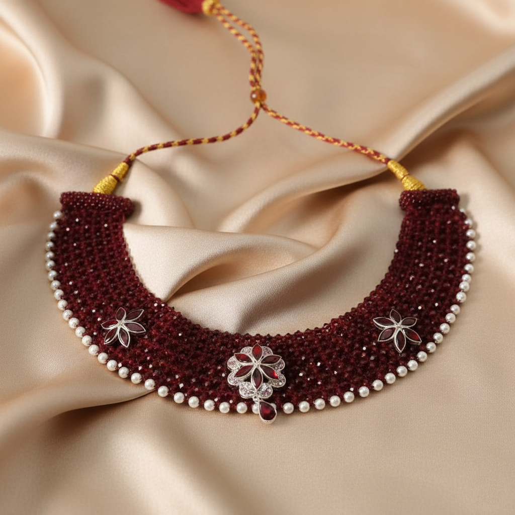 Traditional Maroon & Silver Three Flower Choker Necklace for Women