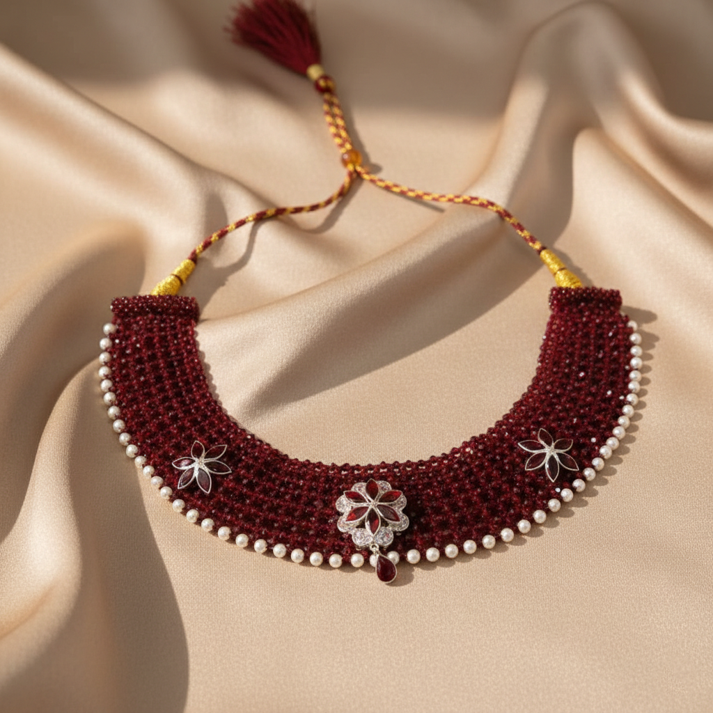 Traditional Maroon & Silver Three Flower Choker Necklace for Women