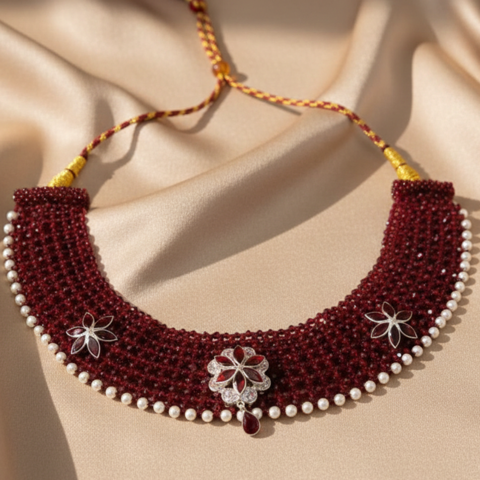 Traditional Maroon & Silver Three Flower Choker Necklace for Women