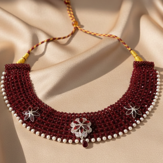 Traditional Maroon & Silver Three Flower Choker Necklace for Women