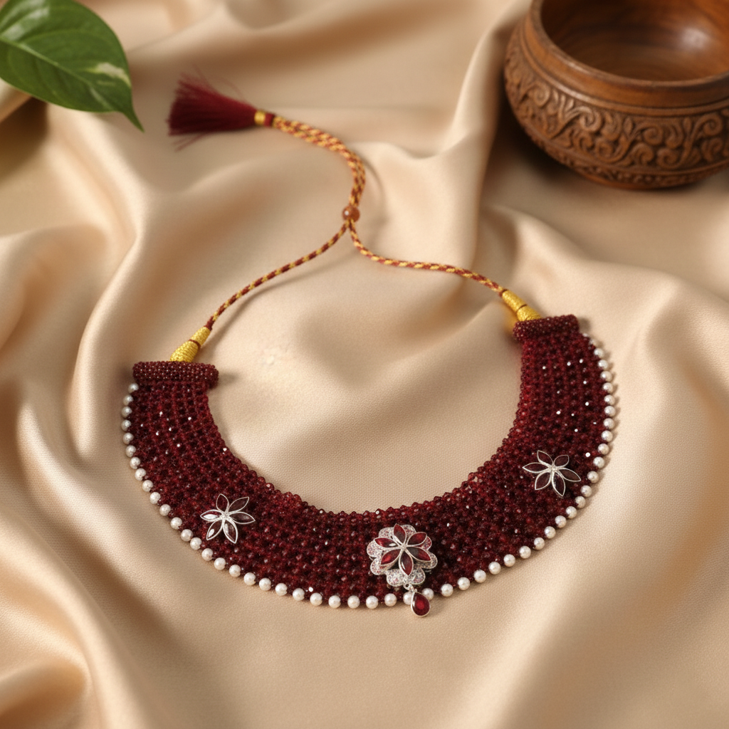 Traditional Maroon & Silver Three Flower Choker Necklace for Women