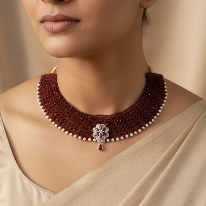Traditional Maroon Beaded Silver Floral Choker Necklace for Women
