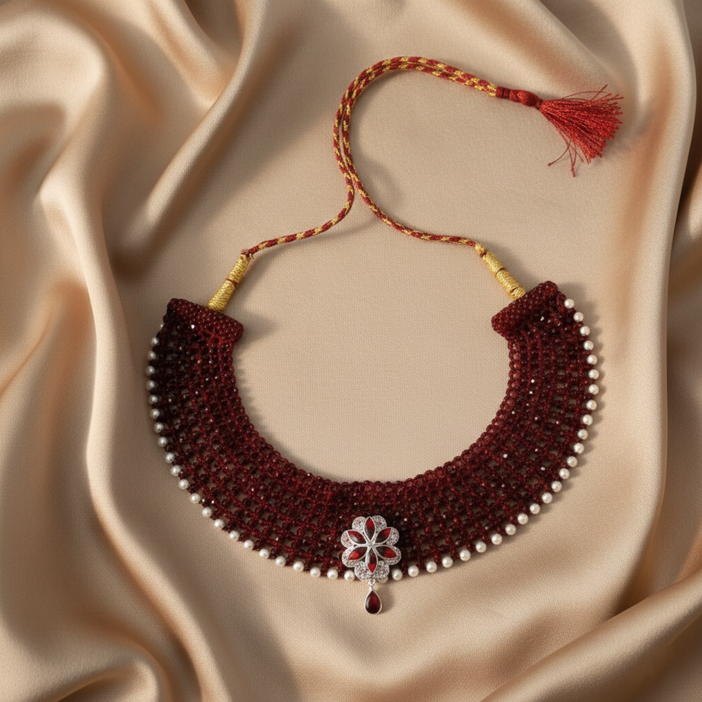 Traditional Maroon Beaded Silver Floral Choker Necklace for Women