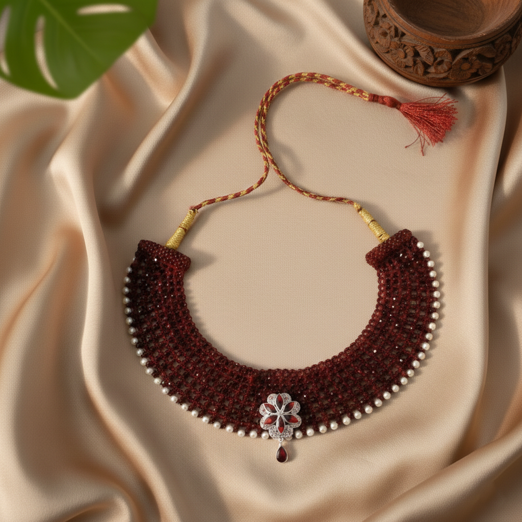 Traditional Maroon Beaded Silver Floral Choker Necklace for Women