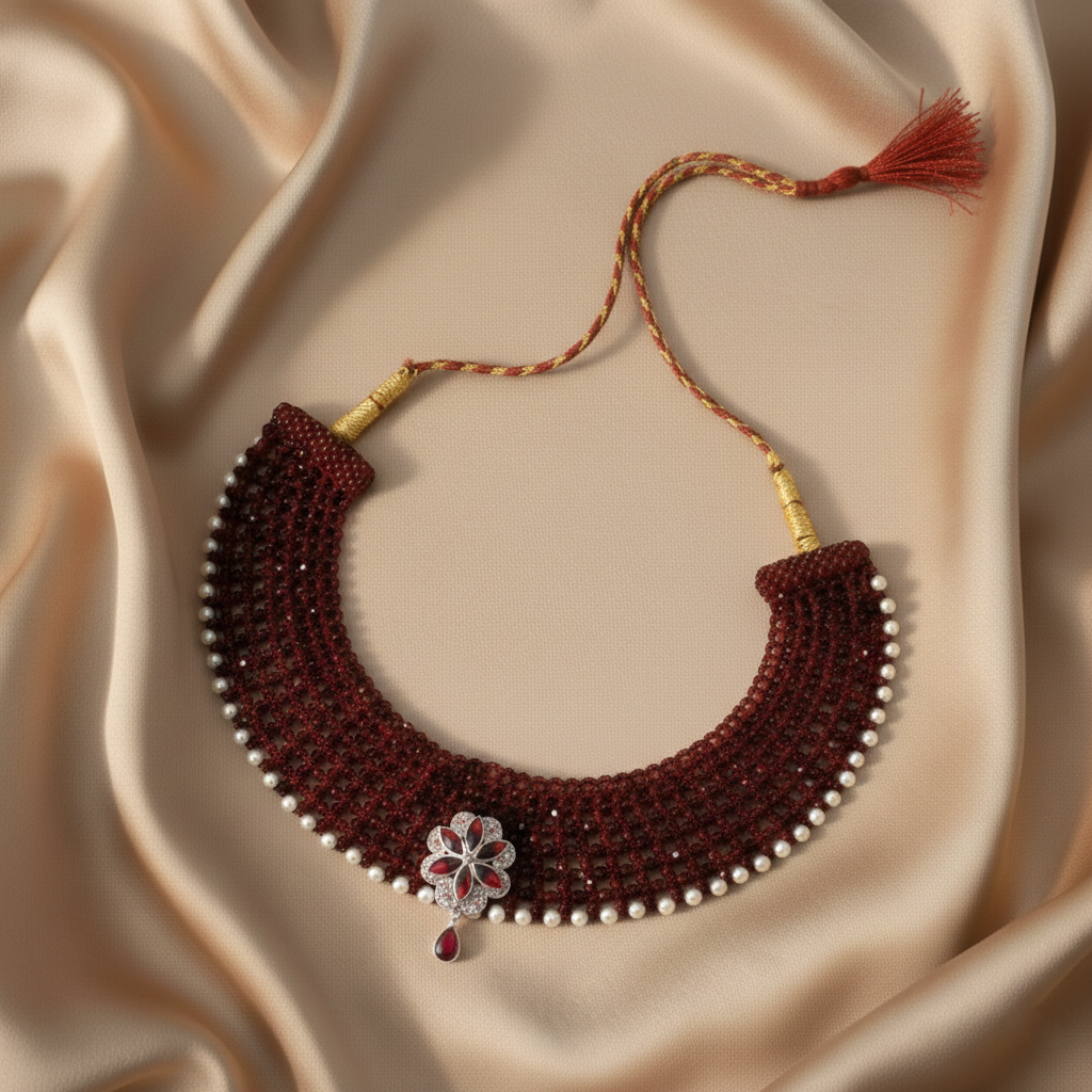 Traditional Maroon Beaded Silver Floral Choker Necklace for Women