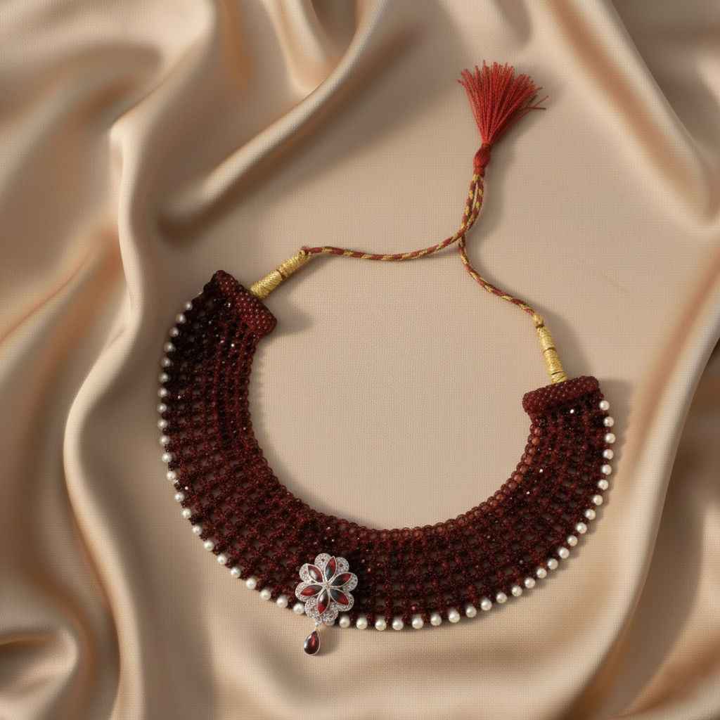 Traditional Maroon Beaded Silver Floral Choker Necklace for Women