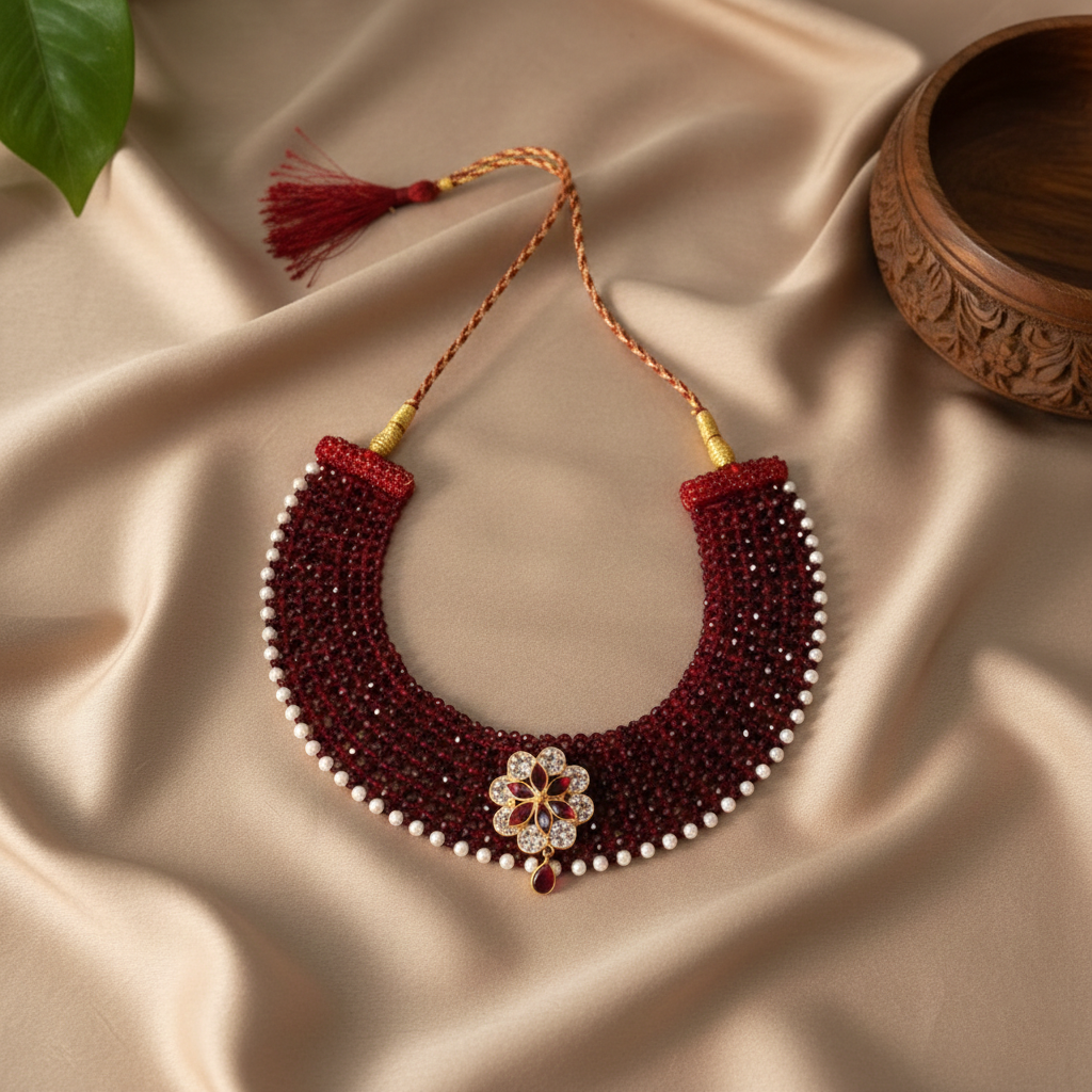 Traditional Maroon Beaded Silver Floral Choker Necklace for Women