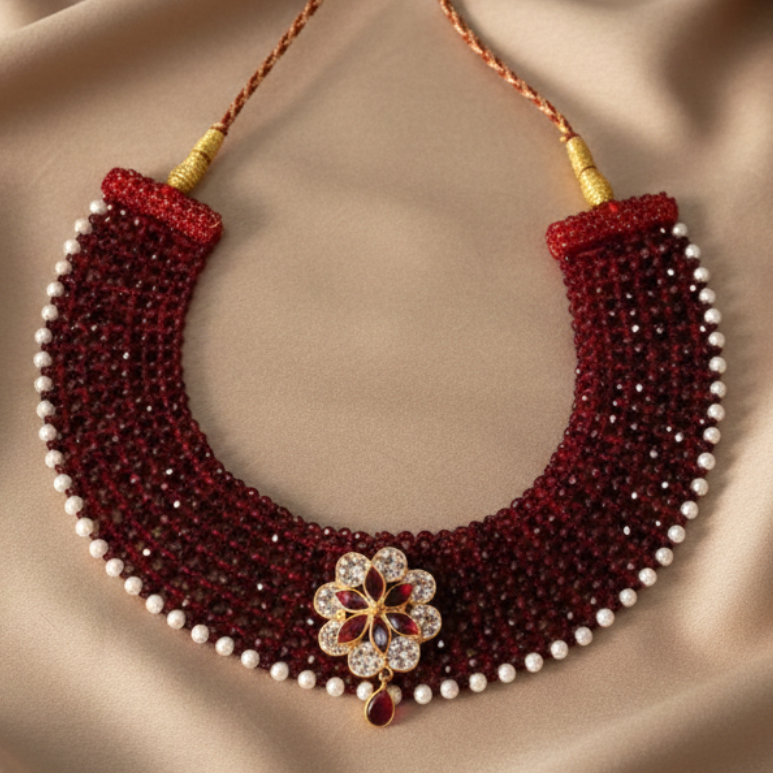 Traditional Maroon Beaded Silver Floral Choker Necklace for Women