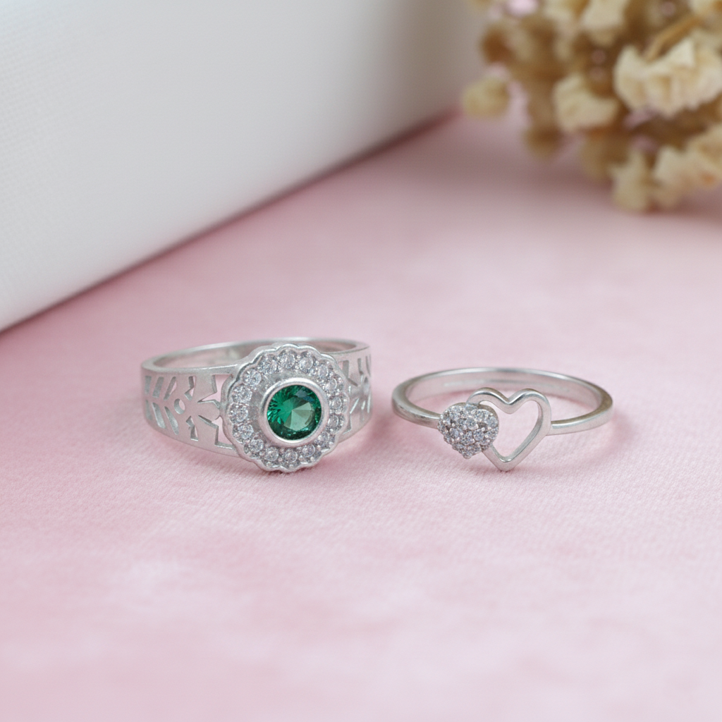 His & Her Silver Couple Rings Green Solitaire Men’s Band & Heart CZ Ring