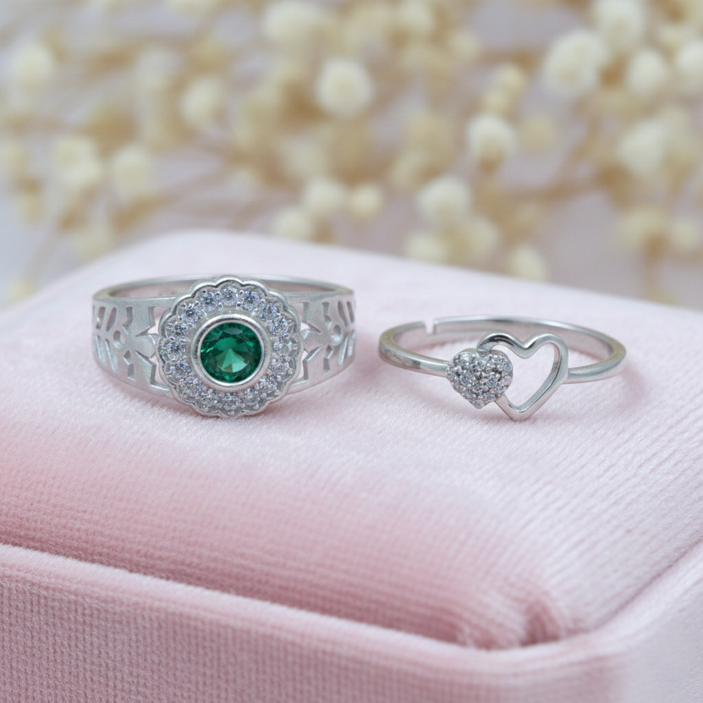 His & Her Silver Couple Rings Green Solitaire Men’s Band & Heart CZ Ring