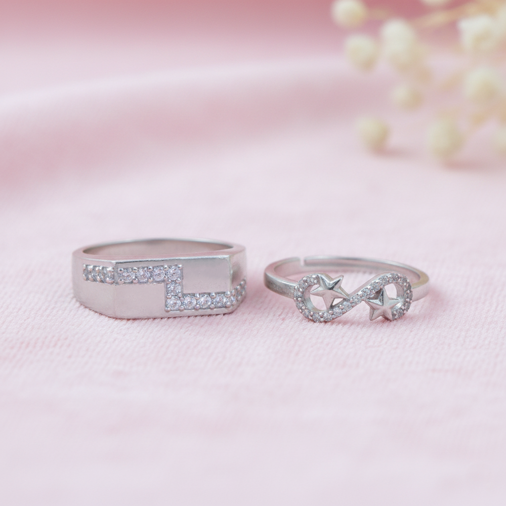 His & Her Silver Couple Rings Infinity Star & Geometric Design