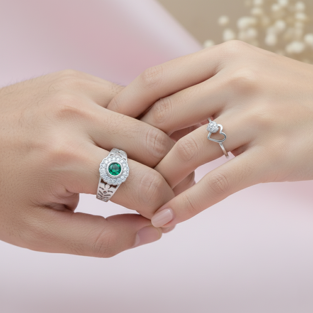 His & Her Silver Couple Rings Green Solitaire Men’s Band & Heart CZ Ring